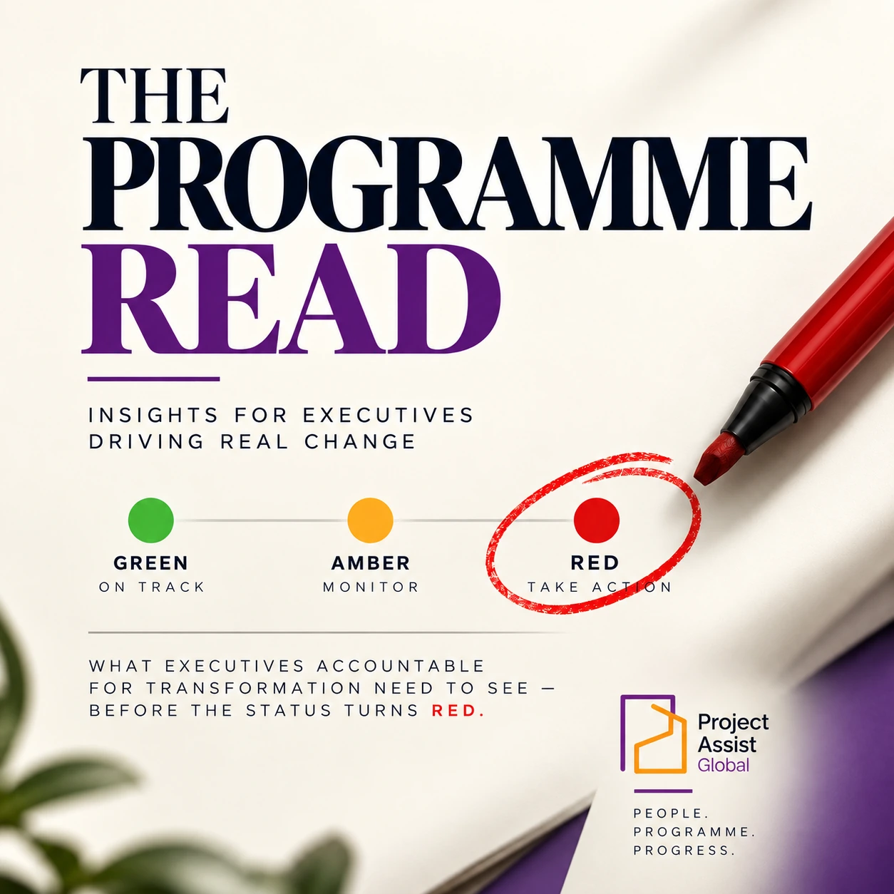 The Programme Read — insights for executives driving real change. Official publication artwork showing green, amber and red programme status, with red circled: take action.